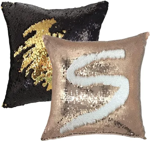 Vista 21 de MOCOFO Fundas de almohada decorativas de lentejuelas mágicas reversibles 16x16-2 de plata a oro + 2 de oro a negro de ante premium para habitación 4