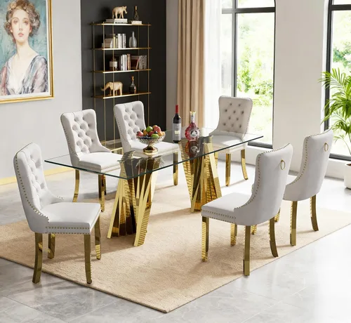 Vista 60 de Juego de mesa de comedor de cristal dorado de 5 piezas, 70 pulgadas, rectangular, moderna, para cocina y comedor, juego para 4, mesa de comedor