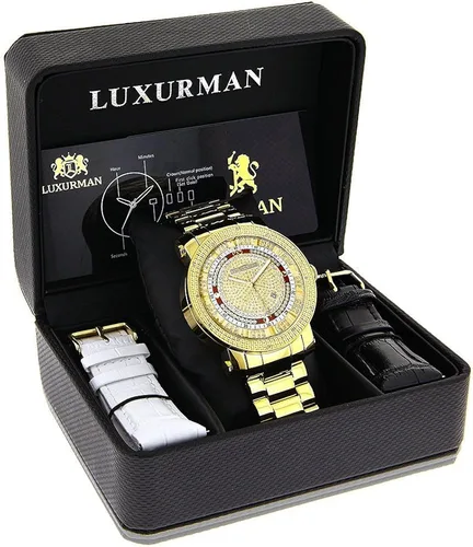 Vista 4 de LUXURMAN Reloj único grande de diamantes para hombre, chapado en oro amarillo de 18 quilates por 0.12 quilates de diamantes, Movimiento de cuarzo