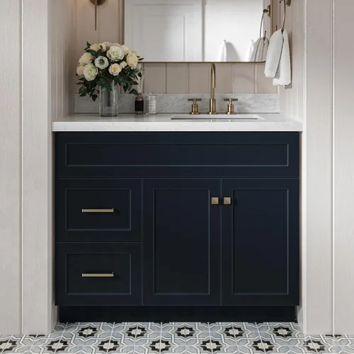 Vista 25 de DKB Bradford - Mueble de baño individual negro de 42 pulgadas con fregadero rectangular, encimera de mármol italiano de carrara con borde de 1.5