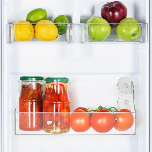 Vista 2 de Estante organizador de refrigerador con ventosa, estante de almacenamiento acrílico para refrigerador puede contener especias, tarro de aceite