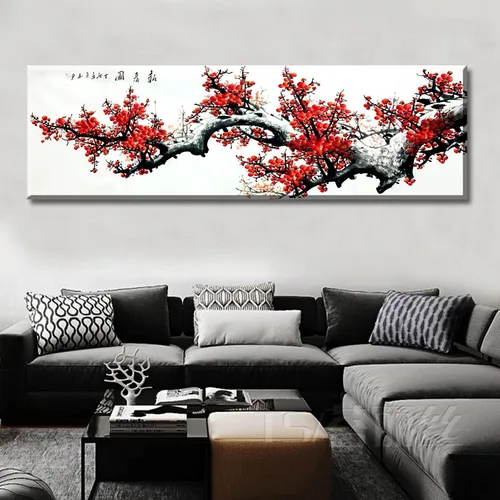 Vista 7 de JiazuGo Decoración asiática, pintura china, arte de pared oriental rojo ciruelo flor lienzo cuadros para dormitorio, decoración estética de pared