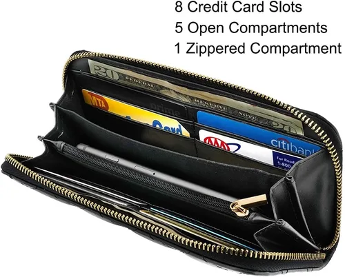 Vista 3 de Fioretta Cartera acolchada de cuero genuino italiano para mujer, organizador de tarjetas de crédito, color negro, Negro, Cartera con cremallera