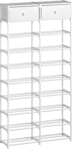 Vista 11 de Zapatero alto, organizador de zapatos de 8 niveles con 2 cajones grandes, almacenamiento de zapatos para 28-32 pares, estante de zapatos de metal