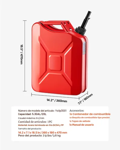 Vista 7 de VEVOR Recipiente de combustible de metal, 5.3 galones, bidón de combustible con boquilla y mango cómodo, caudal máximo de 6 l/min, tanque de gas