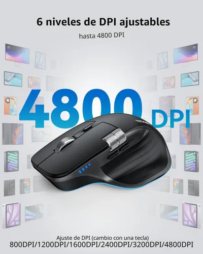 Vista 5 de TECKNET Ratón Inalámbrico, Ratón Bluetooth (BT5.0/5.0 & 2.4G) Ratón Óptico Ergonómico Recargable 4800 DPI con 6 Ajustables, Clics Silenciosos, Negro