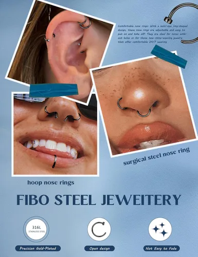 Vista 34 de FIBO STEEL - 5 piezas de acero inoxidable, 18G a 22G, joyería corporal, piercing de nariz para mujer