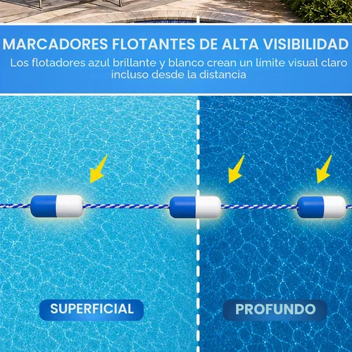 Vista 7 de Cuerda de seguridad para piscina - Divisor de carril flotante - 20 pies - Nylon 8 High Visibility Floats, Stainless Steel Hooks, Adjustable