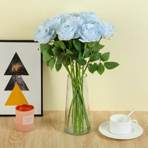 Vista 6 de 12 piezas Rosas Flores Artificiales Rosas Falsas Azul Bebé Rosas de Seda Flores de Seda Blancas Rosas con Tallos Largos para Bodas Hogar Fiestas