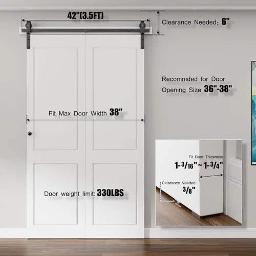 Vista 5 de Kit de herrajes para puerta de granero plegable de 42 pulgadas, kit de riel de rodillos resistente para 2 puertas montadas en el lateral, suave