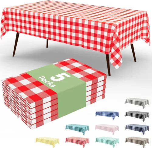 Vista 45 de Smiry Paquete de 3 Manteles Desechables de Cuadros Gingham Color Caqui - 54" x 72" Mantel de Plástico de Servicio Pesado, Cubiertas de Mesa