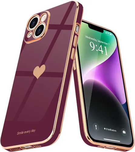 Vista 8 de Teageo - Funda para iPhone 14 Plus para mujeres y niñas, diseño de corazón de amor, color negro Luxury Plating Soft Bling Back Cover Raised Full