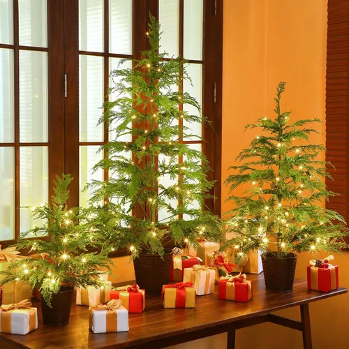 Vista 5 de Cinnyvoice Set of 3 Pre-lit Potted Christmas Tree with led, 2 ft, 3ft,4 ft Árbol de ciprés artificial preiluminado con base de cesta tejida