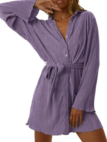Vista 4 de LYANER Vestido camisero plisado de manga larga con cuello en V y botones para mujer con cinturón