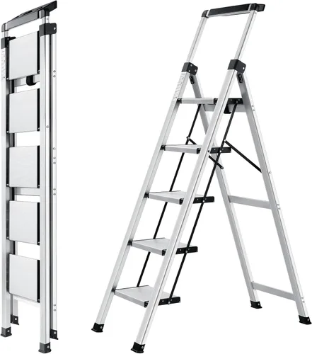 Vista 8 de XinSunho Escalera de 3 escalones, taburete plegable de aluminio con mango