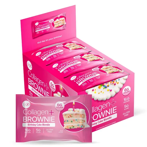 Vista 3 de 321glo Brownie de proteína de colágeno, sin gluten, bajo en azúcar, aperitivo keto para mujeres, hombres y niños, 0.66 onzas de proteína, 0.26 onzas