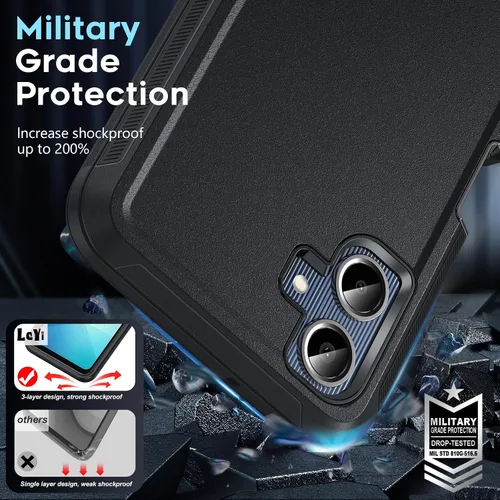 Vista 5 de LeYi - Carcasa para Samsung Galaxy A06, resistente, 3 en 1, color negro with 1 Pack Tempered Glass Screen Protector, Full Body Defender Shockproof