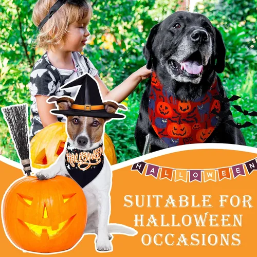 Vista 6 de Newwiee - 200 bandanas de Halloween para perro, diseño de fantasma, grandes Bufanda triangular para mascotas, patrón de calabaza, murciélago