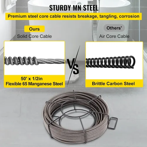 Vista 4 de VEVOR Cable de limpieza de desagüe de 50 pies x 1/2 pulgada, cable de alcantarillado de núcleo sólido, cable de auger de desagüe, cable de limpieza