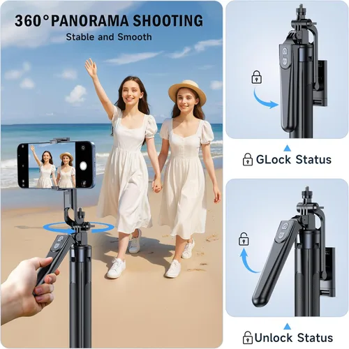 Vista 4 de Trípode Selfie Stick, trípode de 71 pulgadas para iPhone, rotación de 360° con control remoto inalámbrico, soporte portátil de aluminio