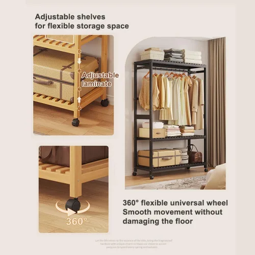 Vista 4 de Bamboo Wardrobe/Clothes Rail/Clothes Rack/Garment Rack,Free Standing Clothes Rail with Wheels,Open Wardrobe with Shelves,for Entryway Living Room