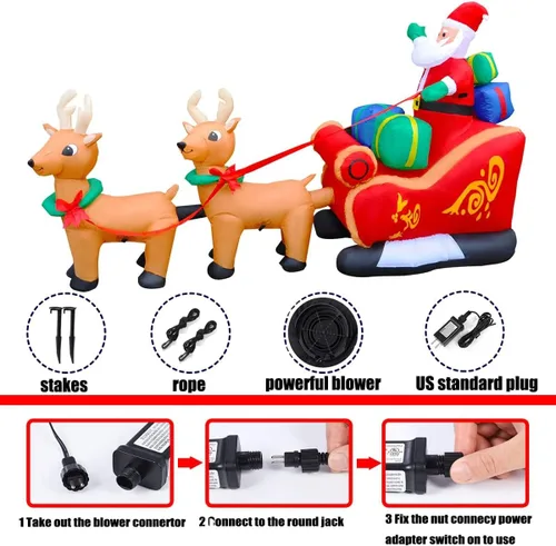 Vista 8 de SEASONBLOW Reno Inflable de Navidad con LED de 8 Pies que Tira del Trineo Llevando a Papá Noel Decoración Navideña para Patio Césped Jardín Hogar