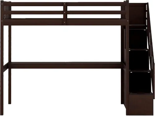 Vista 4 de Cama individual con escalera de 3 almacenajes y escritorio integrado, marco de cama de madera maciza que ahorra espacio para niños, niñas