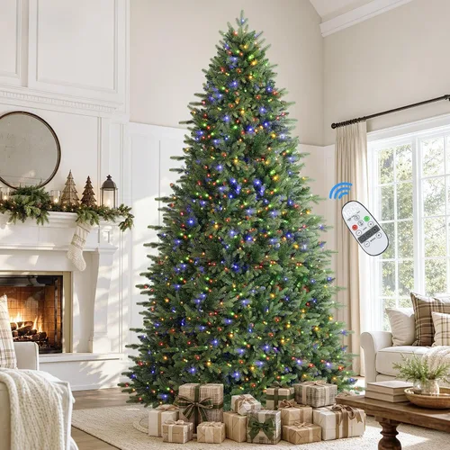 Vista 10 de Alupssuc - Árbol de Navidad artificial preiluminado de abeto con bisagras 250 luces blancas cálidas y multicolor, control remoto, 1393 puntas