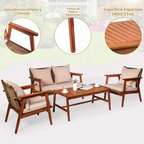 Vista 8 de Tangkula juego de 4 sofás de madera de patio, juego de asientos de madera de acacia para exterior con cojines y mesa de centro, juego de sofá