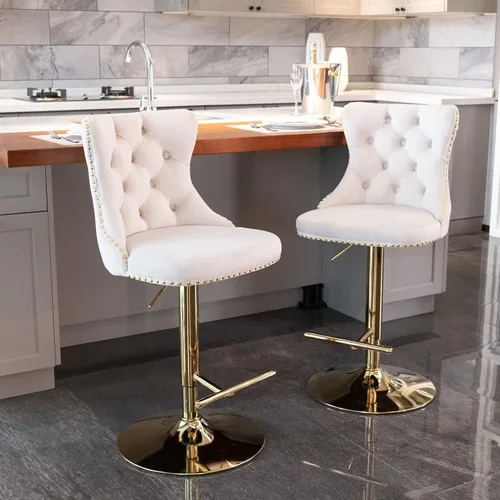 Vista 5 de Taburete de bar giratorio ajustable de altura de mostrador, silla de bar tapizada de terciopelo dorado con base cromada con respaldo acolchonado