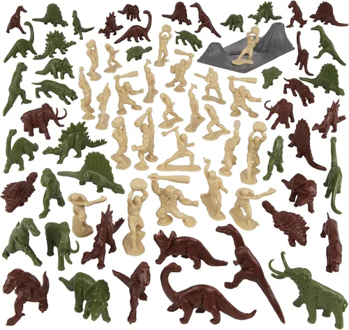 Vista 8 de TimMee - Cubo de dinosaurio prehistórico y hombre de las cavernas, 83 piezas de figuras de plástico y terreno