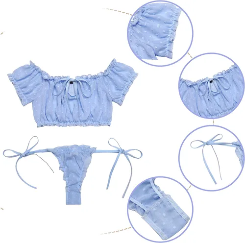 Vista 2 de Avidlove Conjunto de brasier y bragas con volantes conjunto de lencería de malla babydoll