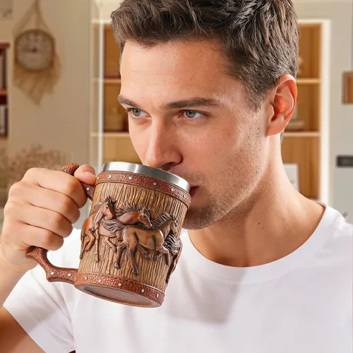 Vista 7 de Taza de cerveza de barril de madera, taza de acero inoxidable de 20 onzas, taza de café, caballos, regalos para mujeres y hombres, regalo