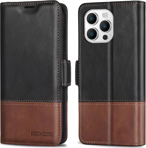 Vista 9 de KEZiHOME Funda para iPhone 15, de piel auténtica, bloqueo RFID, carcasa interior de TPU, cierre magnético, ranura para tarjetas, a prueba de golpes