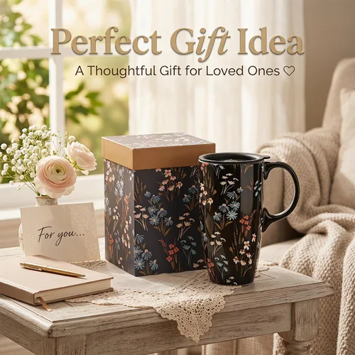 Vista 5 de Topadorn Taza de Café de Cerámica Taza de Viaje Regalo con Tapa 17oz., Taza de Té Alta de Porcelana con Asa para el Hogar y la Oficina, Taza