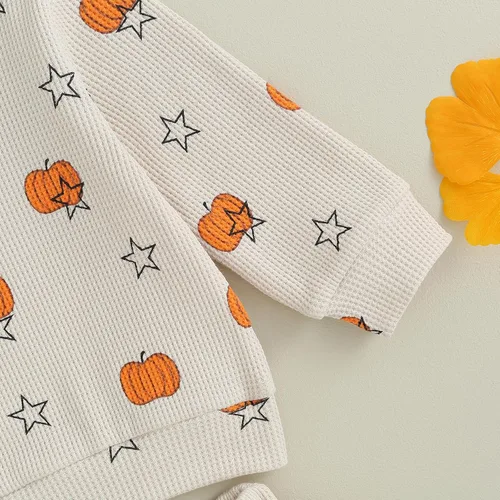 Vista 6 de Kayotuas Conjunto de camisa y pantalones de manga larga con cuello redondo para bebé, disfraz de calabaza, fantasma, calabaza, fantasma, camiseta