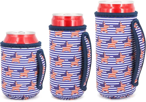 Vista 36 de 3 Pack de fundas aisladas reutilizables de neopreno con asa para soda, bebida energética, refresco, cerveza, seltzer duro, fundas para latas de 12