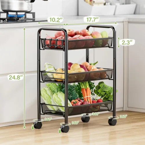 Vista 5 de JANE EYRE Carrito de Almacenamiento Utilitario Rodante de 3 Niveles con Ruedas, Carro Carrito de Manualidades, Estante Organizador Multiusos, Negro