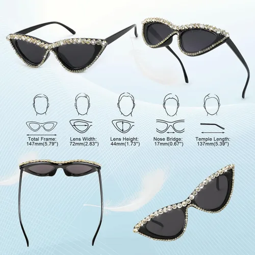 Vista 7 de WANWAN Gafas de sol para mujer, lentes de sol de ojo de gato con diamantes y marco de cristal, gafas