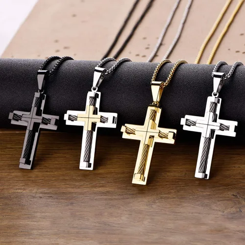 Vista 5 de YL Collar de cruz para hombre de acero inoxidable 316L con dije grande de Jesucristo blancooronegro para joyería Rolo de 20 pulgadas 22 pulgadas 24