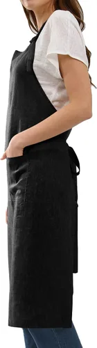Vista 2 de Amazhiyu Delantal de cocina de lino puro con bolsillos para mujeres y hombres, cocinero, barbacoa, manualidades