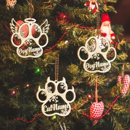 Vista 2 de Adorno de Navidad de pata de perro, adornos personalizados, copos de nieve cortados con láser para árbol de Navidad, adorno de pata de perro