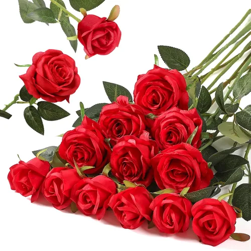 Vista 20 de Hawesome - Ramo de 12 rosas artificiales de seda con tallo largo para decoración del hogar, boda, fiesta (Negro-1)