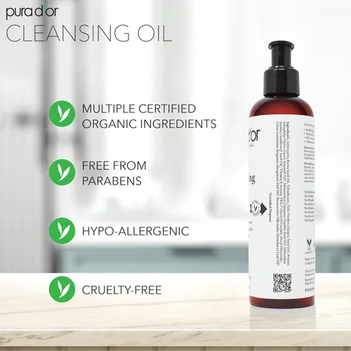 Vista 5 de PURA D'OR Aceite limpiador facial de 8 onzas, mezcla botánica nutritiva con vitaminas, aceite de jojoba y girasol, desmaquillante suave y limpiador
