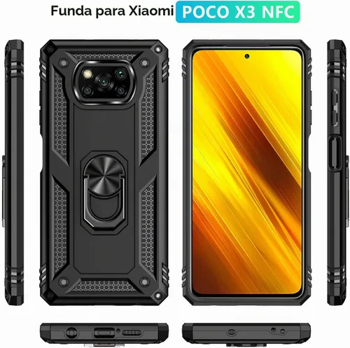 Vista 2 de Funda para Xiaomi POCO X3 NFC /X3 Pro con protector de pantalla, armadura de protección militar híbrida resistente a prueba de golpes, funda Negro