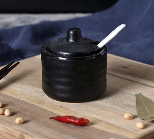 Vista 3 de Cerámica Mini Azucarero Condimento Pot Sal Pimienta Tarro de Almacenamiento con Tapa Cuchara, 2.4 fl oz