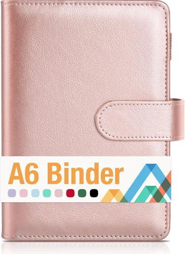 Vista 24 de Sooez Carpeta A5 con 6 anillas, cubierta recargable para cuaderno, organizador pequeño de cuero, carpeta vacía para presupuesto, diario, soporte
