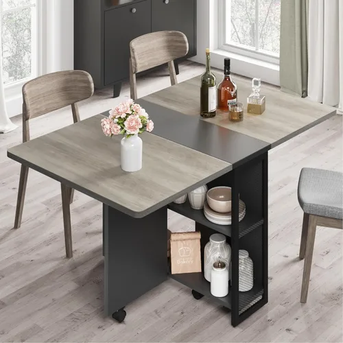 Vista 14 de IDEALHOUSE Mesa Plegable, Mesa de Comedor de Hoja Abatible con 6 Ruedas y Estante de Almacenamiento de 2 Niveles, Mesa de Ahorro de Espacio