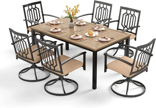 Vista 24 de PHI VILLA Juego de comedor al aire libre de 7 piezas para 6, mesa rectangular de metal negro de 60 pulgadas con agujero para sombrilla y sillas