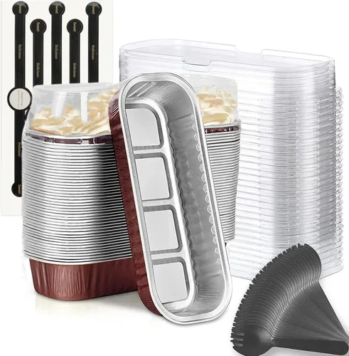Vista 10 de Findful Mini Moldes para Hornear Pan con Tapas y Cucharas (Paquete de 50, 6.8oz) Moldes Rectangulares de Papel de Aluminio para Hornear Recipientes